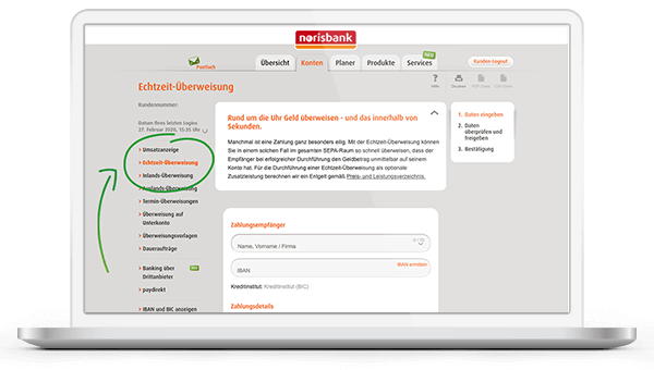 Online-Banking Echtzeit-Überweisung norisbank